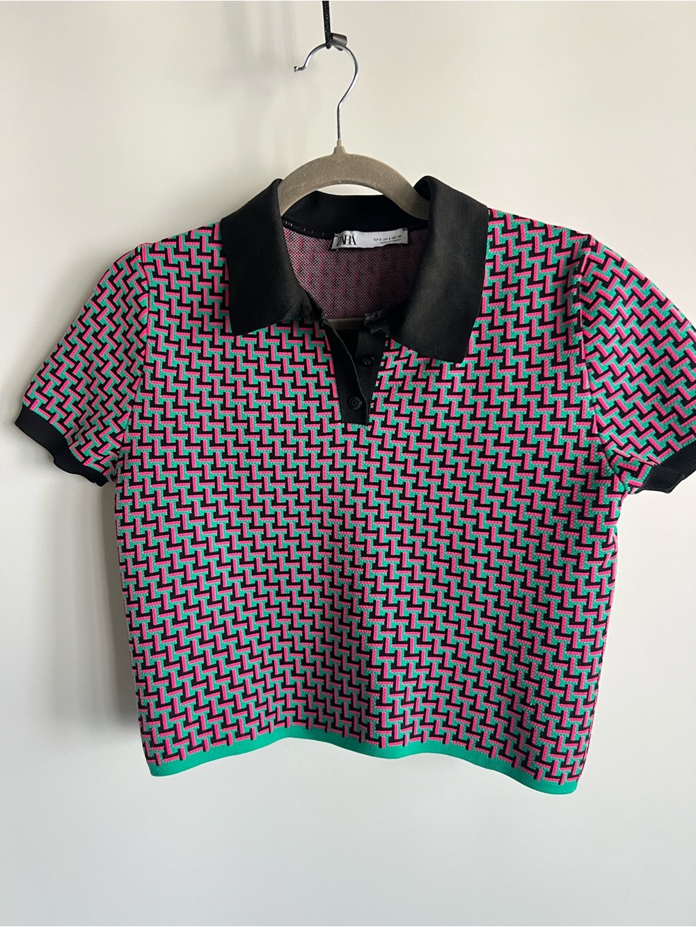 Zara Black-Collar Pink and Teal Knit Polo Crop
